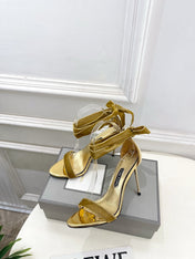 TOM FORD 26S HIGH-HEELED SANDALS 105 MM IN BROWN FABRIC AND GOLD CALFSKIN