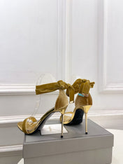 TOM FORD 26S HIGH-HEELED SANDALS 105 MM IN BROWN FABRIC AND GOLD CALFSKIN