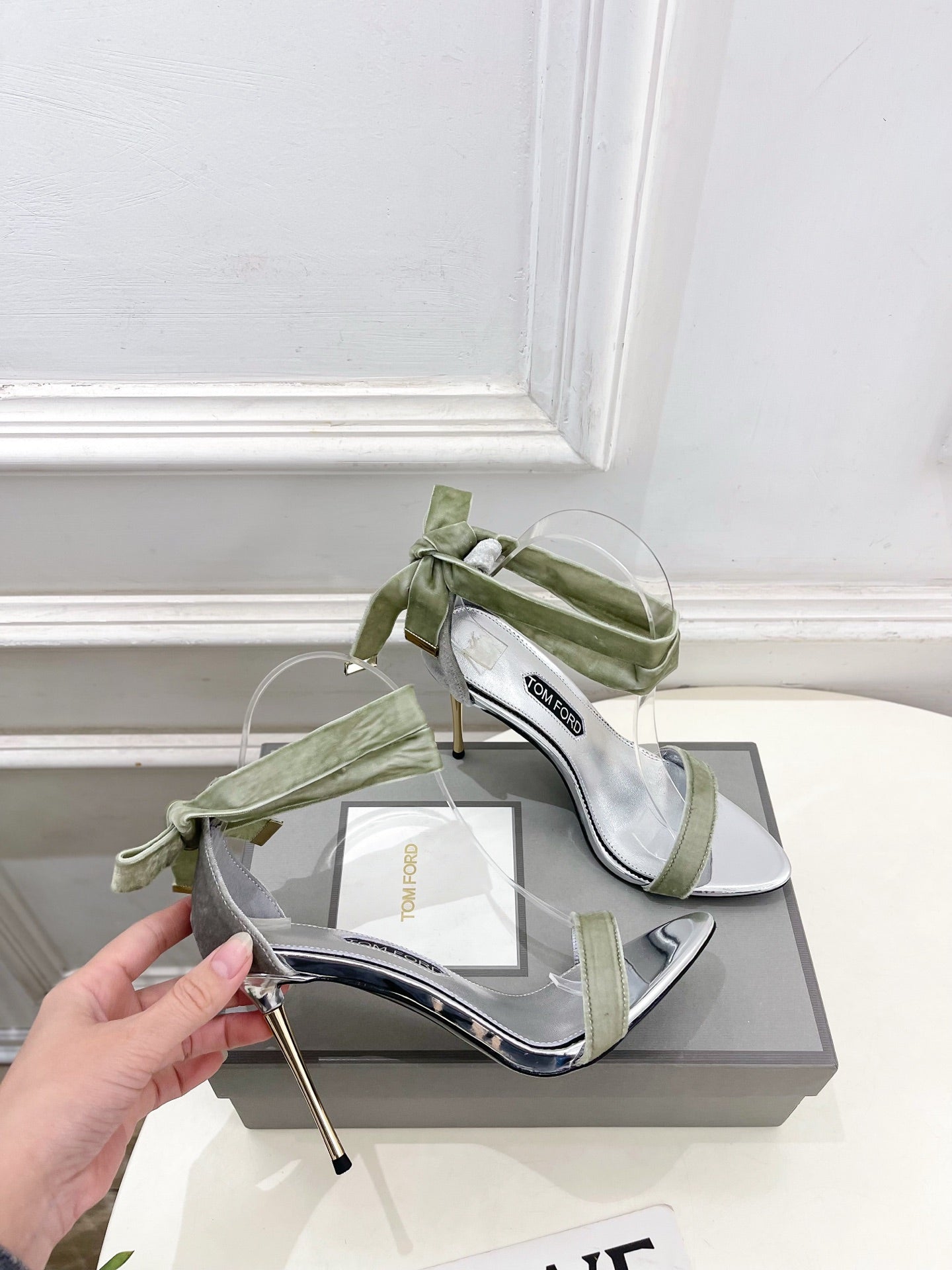 TOM FORD 26S HIGH-HEELED SANDALS 105 MM IN LIGHT GREEN FABRIC AND SILVER CALFSKIN