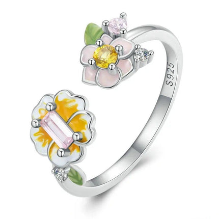 Colorful Enamel Flower Adjustable Ring Yellow Zircon Open Ring