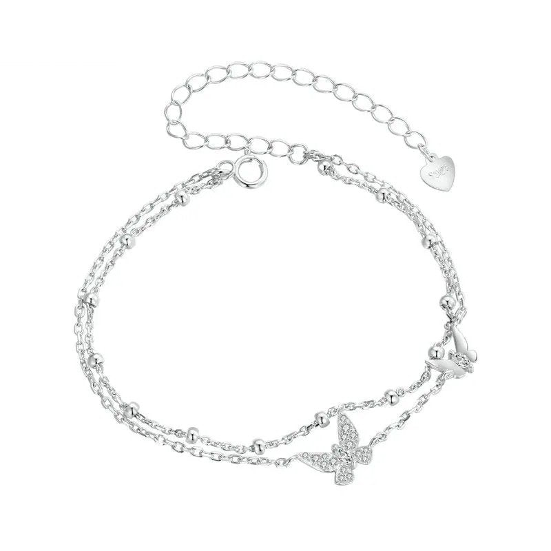 Double-Layer Butterfly Bracelet 925 Sterling Silver CZ Layered Bracelet