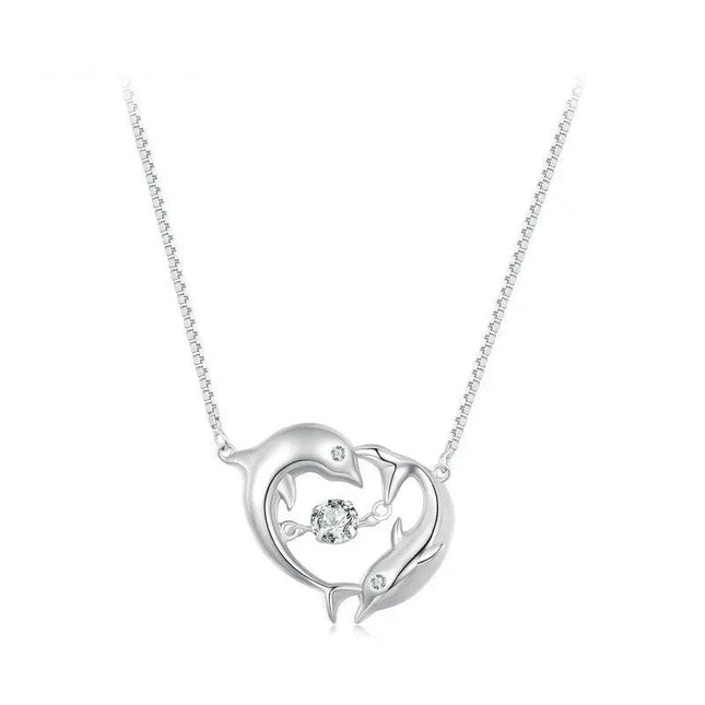 Double Dolphins Necklace Shiny Zircon Love Neck Chain