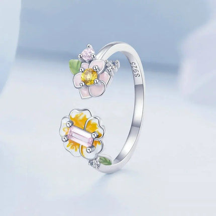 Colorful Enamel Flower Adjustable Ring Yellow Zircon Open Ring