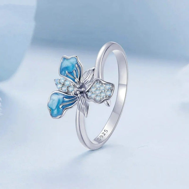 Blue Iris Adjustable Ring Exquisite Enamel Flower Opening Ring