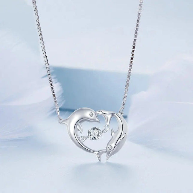 Double Dolphins Necklace Shiny Zircon Love Neck Chain