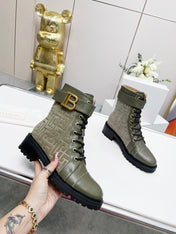 BALMAIN 26S BOOTS IN MOSS GREEN CALFSKIN AND SUEDE