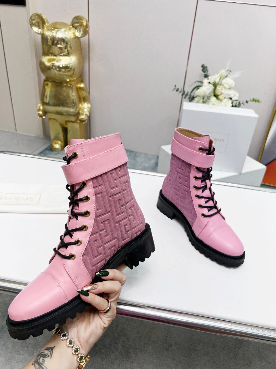 BALMAIN 26S BOOTS IN LIGHT PINK CALFSKIN AND SUEDE