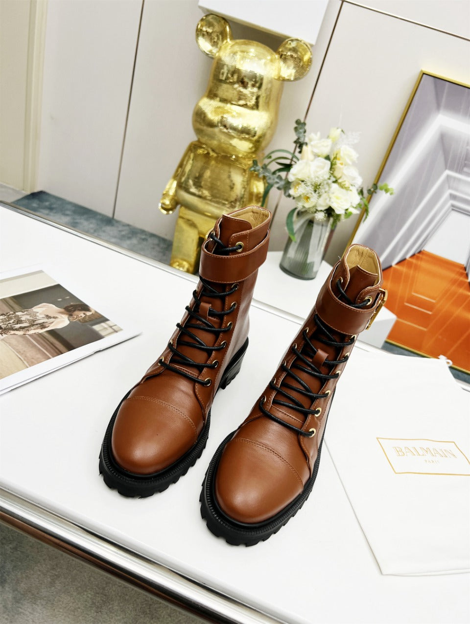 BALMAIN 26S BOOTS IN BROWN CALFSKIN