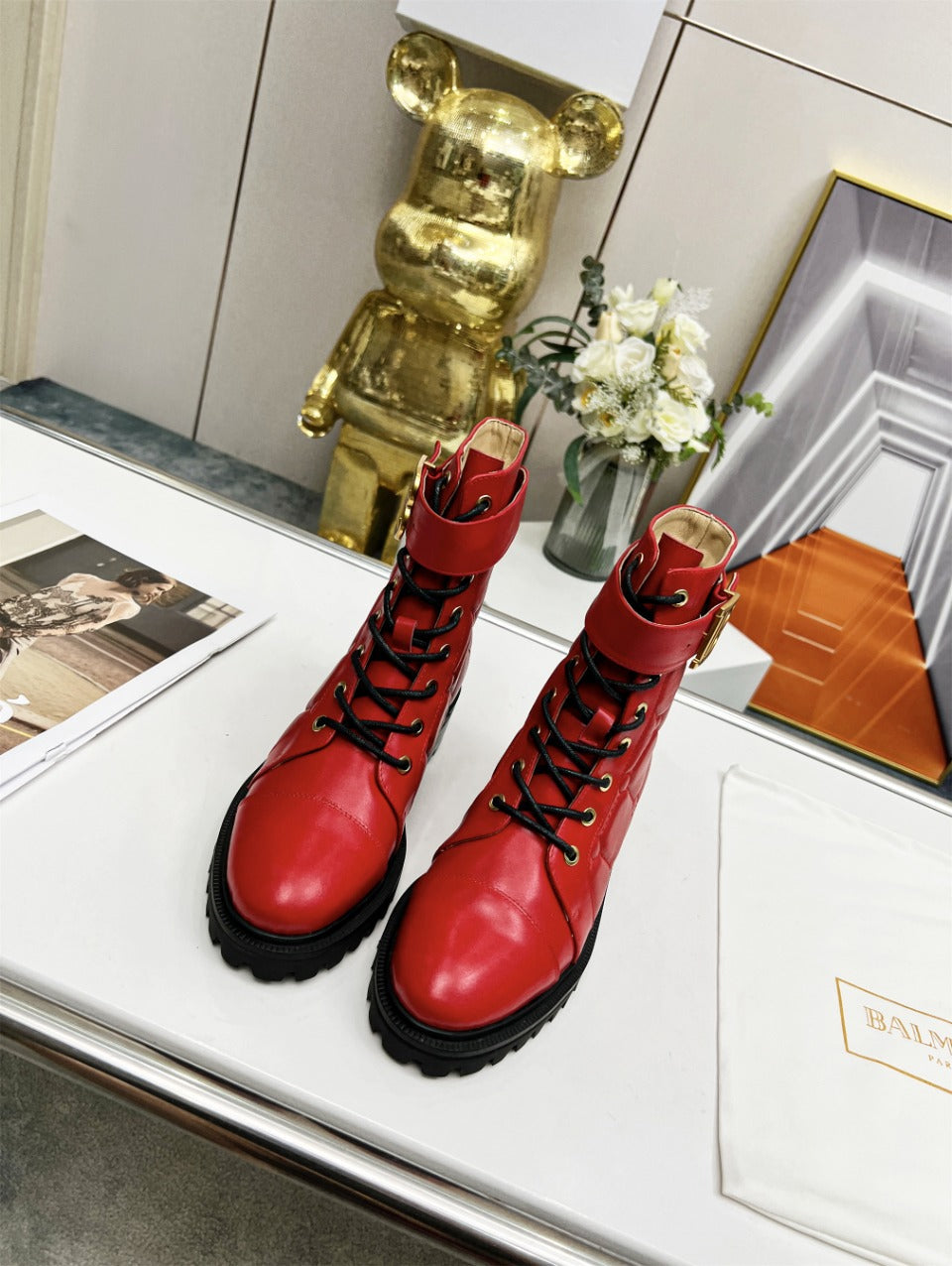 BALMAIN 26S COMBAT BOOTS IN RED CALFSKIN