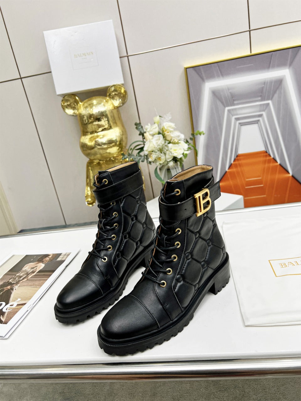 BALMAIN 26S COMBAT BOOTS IN BLACK CALFSKIN