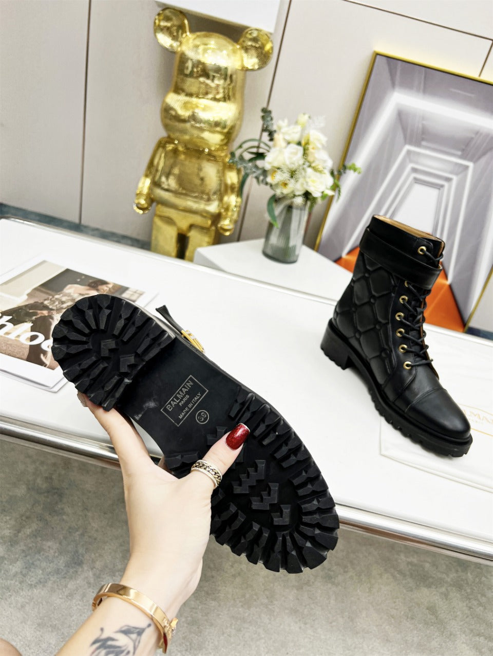 BALMAIN 26S COMBAT BOOTS IN BLACK CALFSKIN