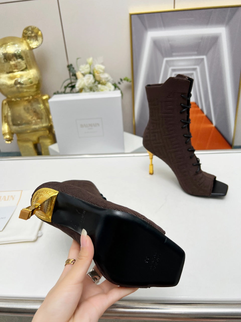 BALMAIN 26S LACE UP OPEN TOE BOOTS 95 MM IN DARK BROWN FLYKNIT