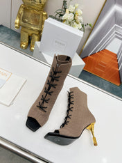 BALMAIN 26S LACE UP OPEN TOE BOOTS 95 MM IN GRAYISH BROWN FLYKNIT