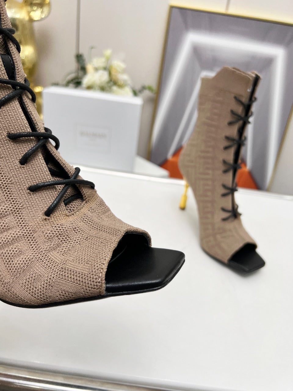 BALMAIN 26S LACE UP OPEN TOE BOOTS 95 MM IN GRAYISH BROWN FLYKNIT