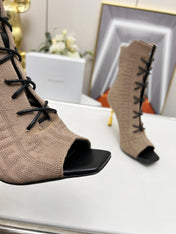 BALMAIN 26S LACE UP OPEN TOE BOOTS 95 MM IN GRAYISH BROWN FLYKNIT