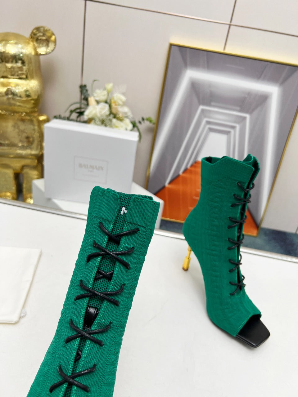 BALMAIN 26S LACE UP OPEN TOE BOOTS 95 MM IN GREEN FLYKNIT