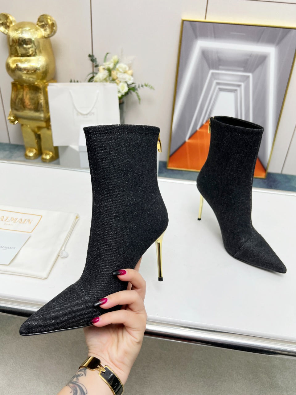 BALMAIN 26S BOOTS 95 MM IN BLACK DENIM