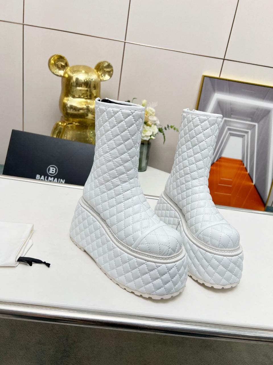 BALMAIN 26S PLATFORM BOOTS 100 MM IN WHITE LAMBSKIN