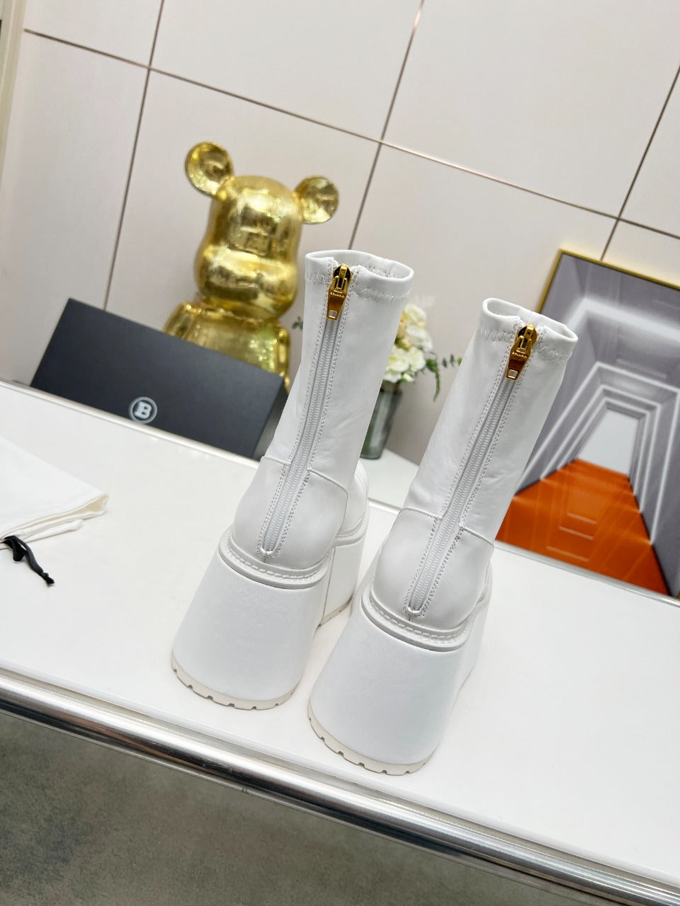 BALMAIN 26S PLATFORM BOOTS 100 MM IN WHITE CALFSKIN