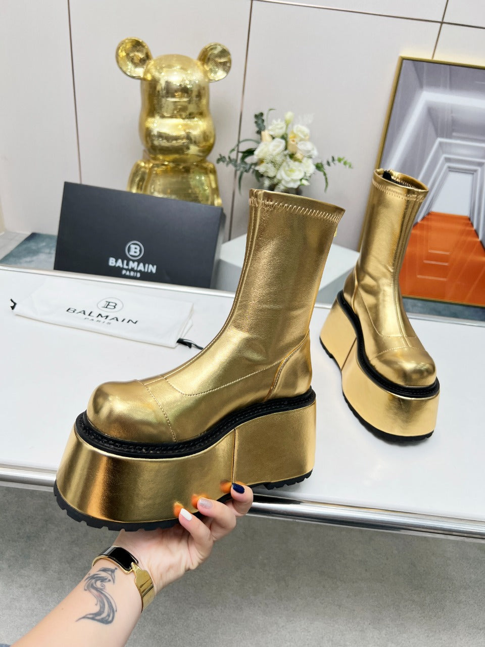BALMAIN 26S PLATFORM BOOTS 100 MM IN GOLD METALLIC CALFSKIN