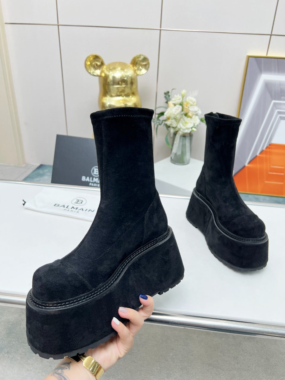 BALMAIN 26S PLATFORM BOOTS 100 MM IN BLACK SUEDE