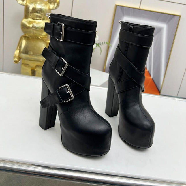 SL ANKLE BUCKLE BOOT PLATFORM BLACK SMOOTH CALFSKIN