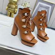 BALMAIN 26S OPEN-TOE BOOTS 115 MM IN BROWN CALFSKIN PEARL-EMBELLISHED
