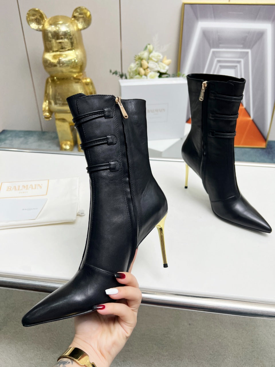 BALMAIN 26S HIGH-HEEL BOOTS 95 MM IN BLACK LAMBSKIN