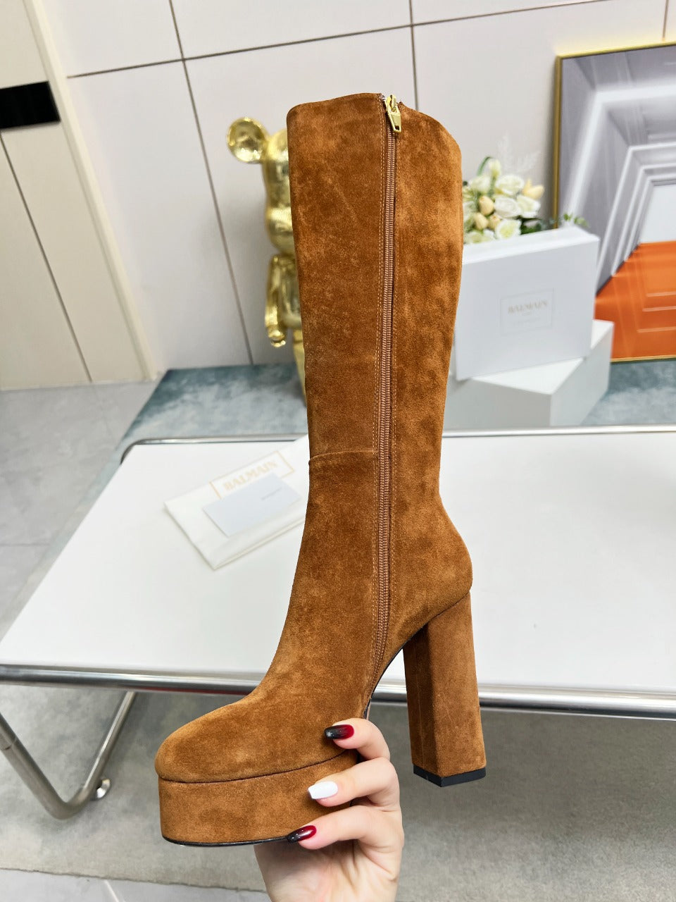 BALMAIN 26S HIGH BOOTS 115 MM IN BROWN SUEDE