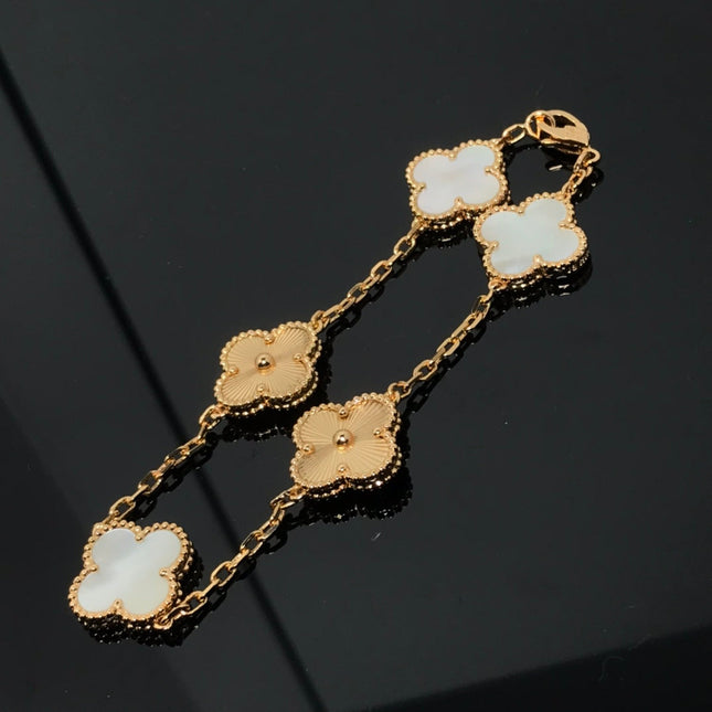 CLOVER BRACELET 5 MOTIF WHITE MOP AND PINK GOLD