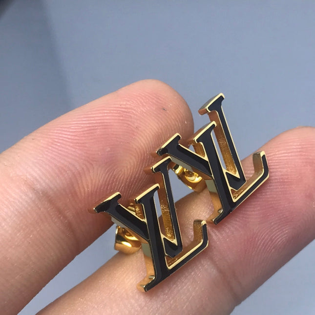 LV LOGO PINK AND BLACK GOLD STUD EARRINGS