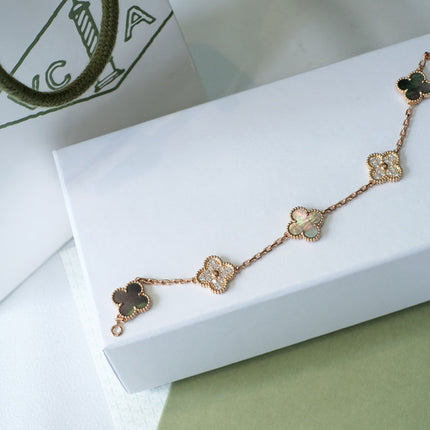 CLOVER 5 MOTIFS DARK MOP AND DIAMONDS PINK GOLD BRACELET