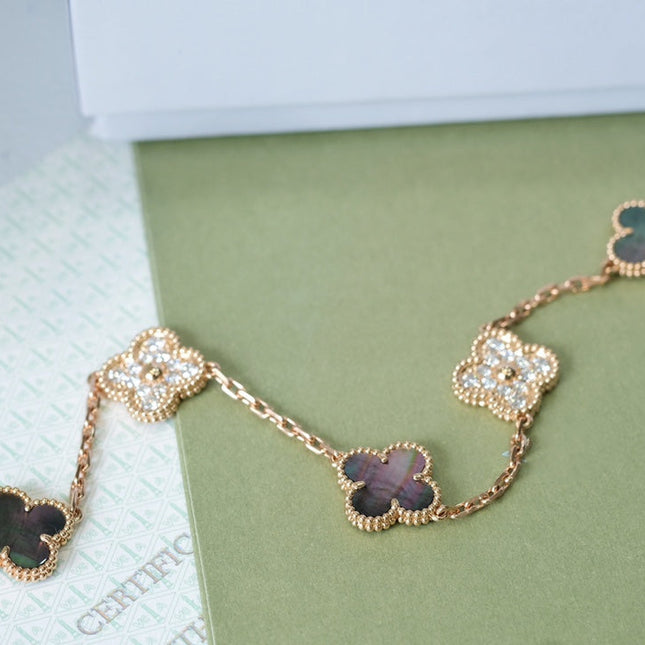 CLOVER 5 MOTIFS DARK MOP AND DIAMONDS PINK GOLD BRACELET