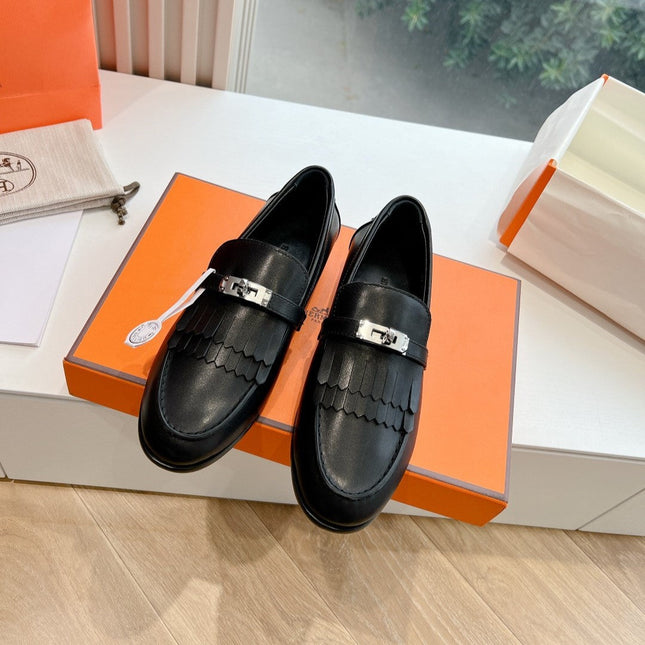 Destin Loafer Black Goatskin with Fringe Detail