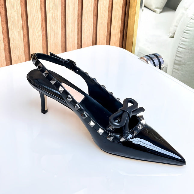 Rockstud Bow Slingback Black Calfskin With Matching Studs