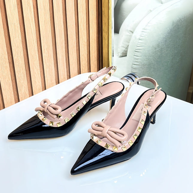 Rockstud Bow Slingback Black and Rose Cannelle Calfskin With Matching Studs