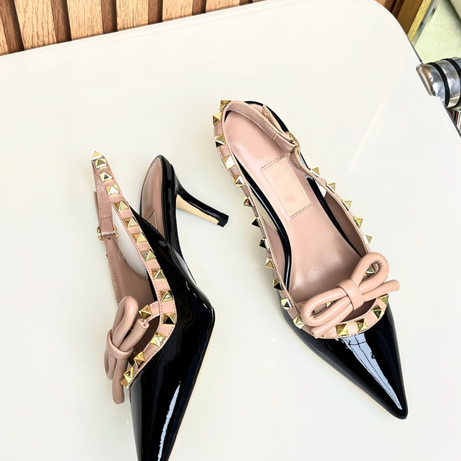 Rockstud Bow Slingback Black and Rose Cannelle Calfskin With Matching Studs