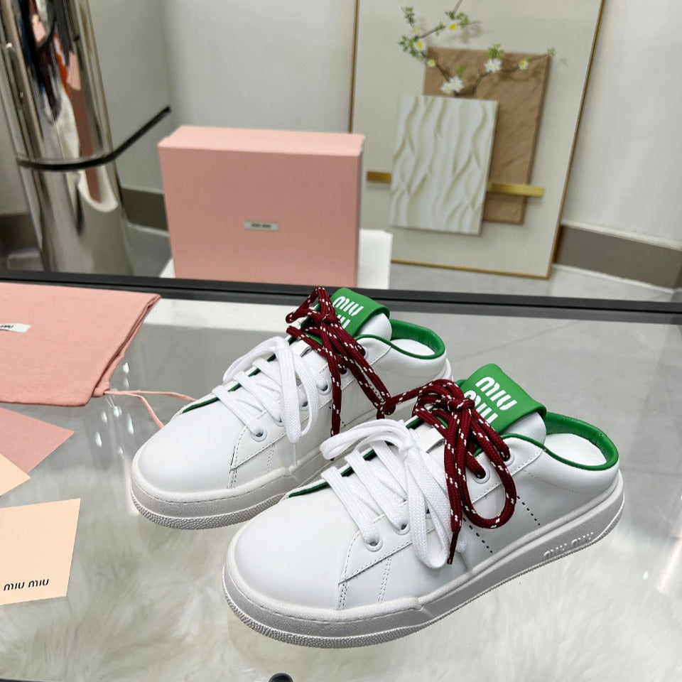 SNEAKER MULES IN WHITE MIX GREEN CALFSKIN WHITE RED LACES
