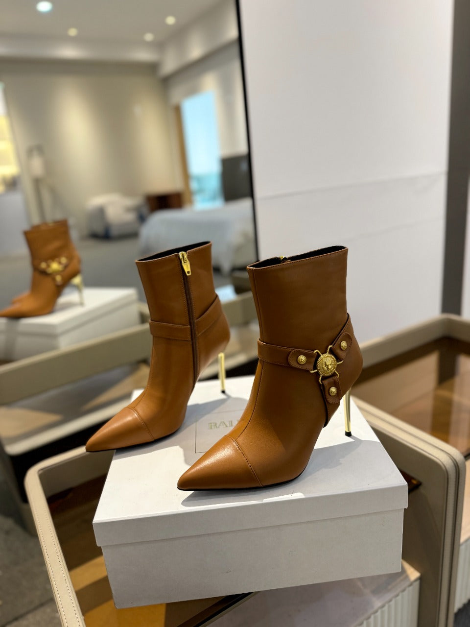 BALMAIN 26S STILETTO HEEL BOOTS 95 MM IN BROWN CALFSKIN